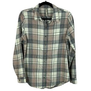 Kuhl Kamila Casual Flannel Plaid Long Sleeve Button Down Shirt Medium Tan Grey